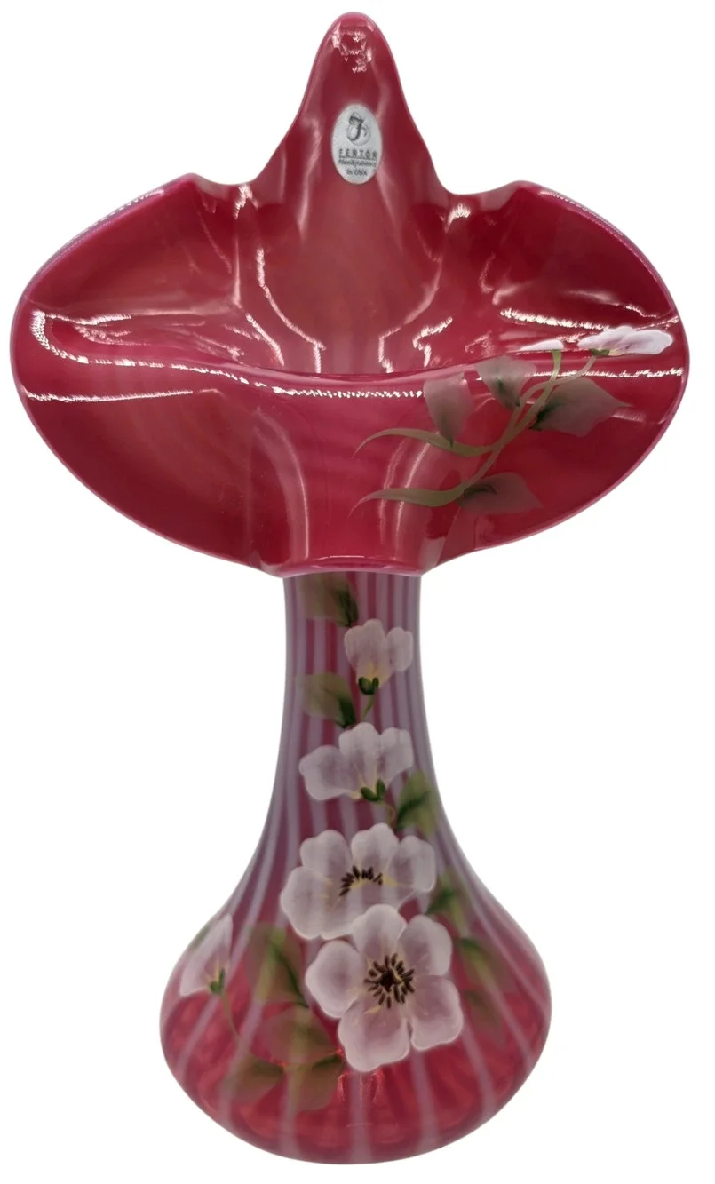 FENTON CRANBERRY OPAL RIBBED OPTIC DECORATED JIP VASE MUSEUM COLL SIGNED